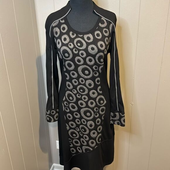Vintage Concept black, gray circles panel & cuffs zipper accent shift midi Small - Picture 1 of 5
